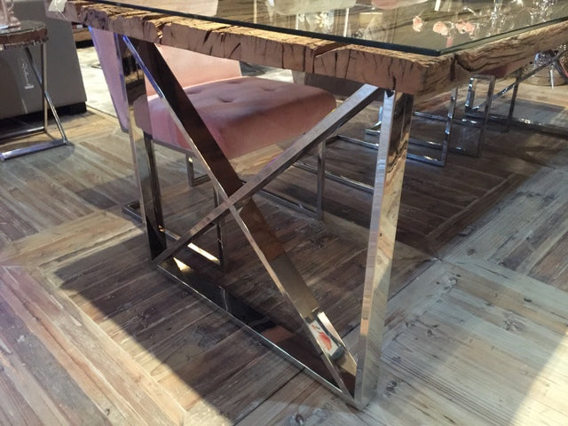 Esstisch Tischplatte aus Altholz mit Glasplatte, Tisch Massivholz im Landhausstil, Länge 180 cm