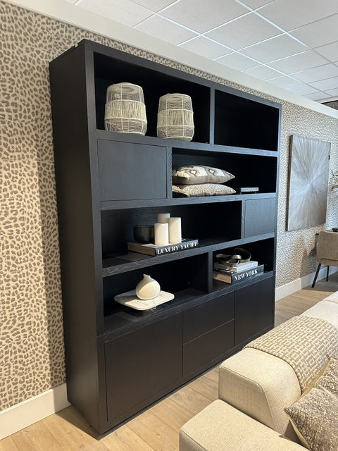 Schrank modern schwarz, Schrank schwarz mit vier Türen und zwei Schubladen, Wohnzimmerschrank schwarz Holz, Breite 200 cm