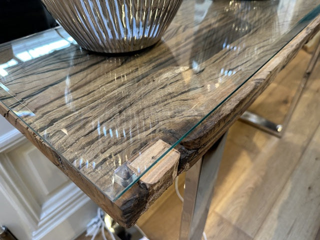 Konsole Altholz, Wandtisch Altholz mit Glasplatte, Breite 140 cm