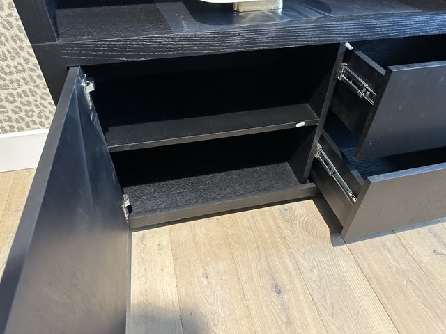 Schrank modern schwarz, Schrank schwarz mit vier Türen und zwei Schubladen, Wohnzimmerschrank schwarz Holz, Breite 200 cm