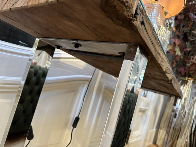 Konsole Altholz, Wandtisch Altholz mit Glasplatte, Breite 140 cm