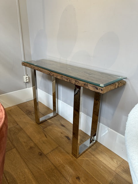 Konsole Altholz, Wandtisch Altholz mit Glasplatte, Breite 140 cm