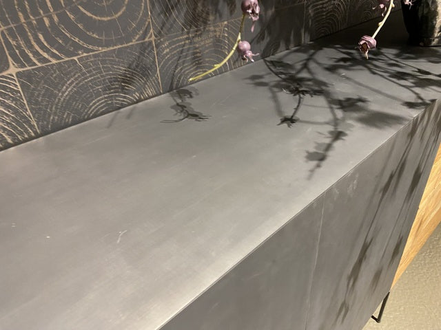 Sideboard Metall Holz, Anrichte Holz, Kommode mit drei Schubladen Teak-Holz, Breite 220 cm