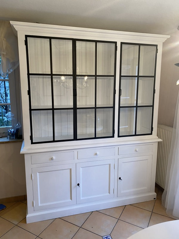 Buffetschrank weiß Landhaus, Vitrine weiß, Geschirrschrank weiß Massivholz, Küchenschrank weiß Landhaus, Breite 185 cm