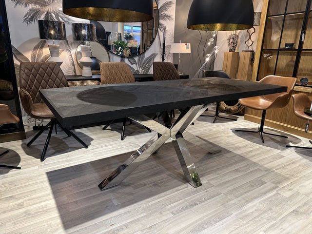 Esstisch schwarz Fischgrätmuster, Esstisch Silber-Gestell, Tisch Fischgrätmuster schwarz Tischgestell verchromt, Länge 220 cm