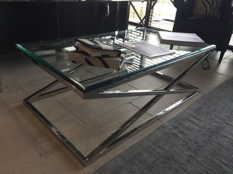 Couchtisch verchromt Glas-Metall, Tisch mit Glasplatte, Maße 120x70 cm