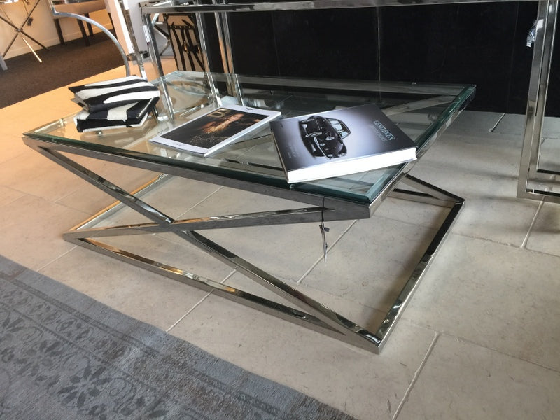 Couchtisch verchromt Glas-Metall, Tisch mit Glasplatte, Maße 120x70 cm