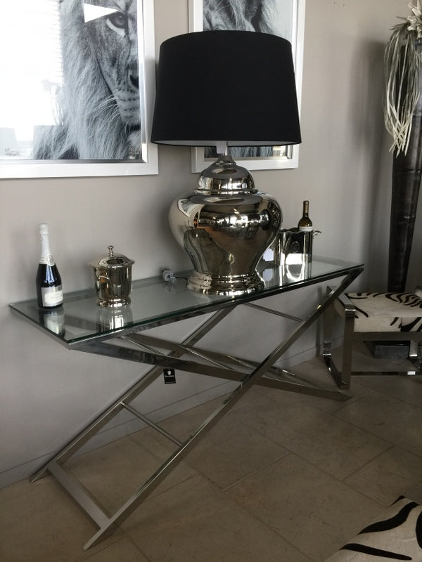 Konsole verchromt Glas-Metall, Sideboard mit Glasplatte, Wandtisch verchromt Glas, Maße 160x50 cm