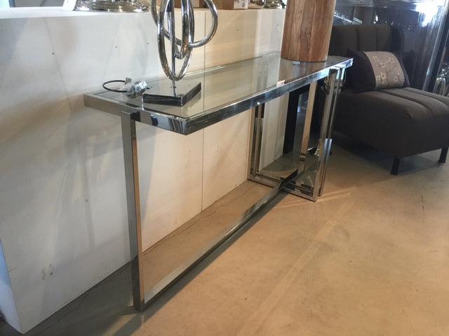 Konsole Glas Silber, Wandkonsole Silber Metall, Wandtisch verchromt Glas-Metall, Breite 148 cm