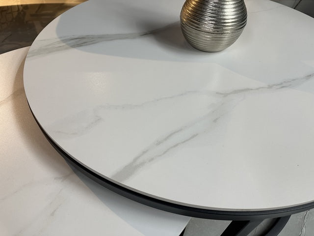 Couchtisch schwarz-weiß, Couchtisch rund weiße Tischplatte, 2er Set, Maße 70-90 cm