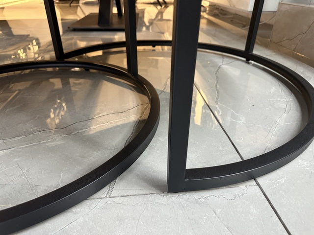 Couchtisch schwarz-weiß, Couchtisch rund weiße Tischplatte, 2er Set, Maße 70-90 cm