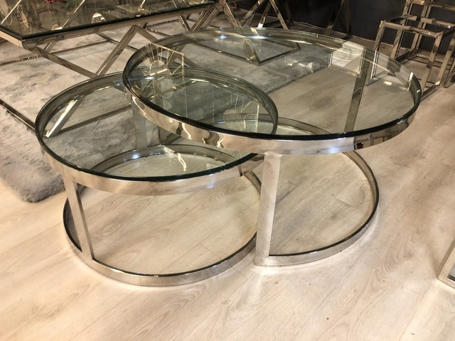 Couchtisch rund Glas, runder Couchtisch Silber Metall Gestell, 2er Set Glastisch rund, Durchmesser 90-70 cm