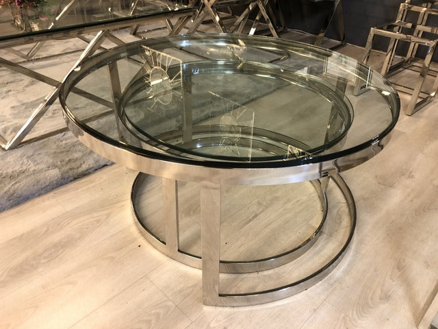 Couchtisch rund Glas, runder Couchtisch Silber Metall Gestell, 2er Set Glastisch rund, Durchmesser 90-70 cm
