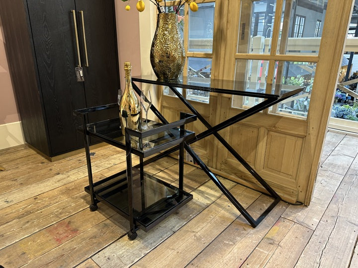 Konsole schwarz Glasplatte Metall-Gestell, Wandtisch schwarz Glas-Metall, Tisch schwarz Glas-Metall, Breite 120 cm