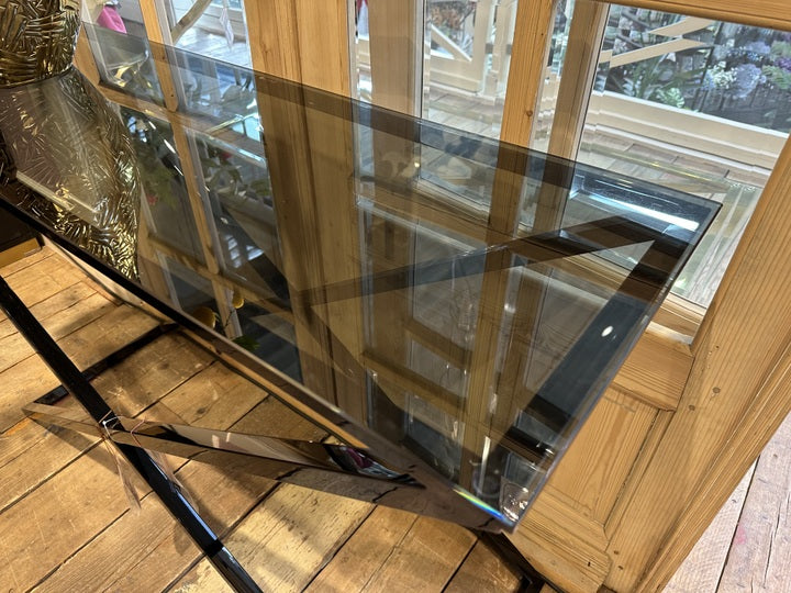 Konsole schwarz Glasplatte Metall-Gestell, Wandtisch schwarz Glas-Metall, Tisch schwarz Glas-Metall, Breite 120 cm