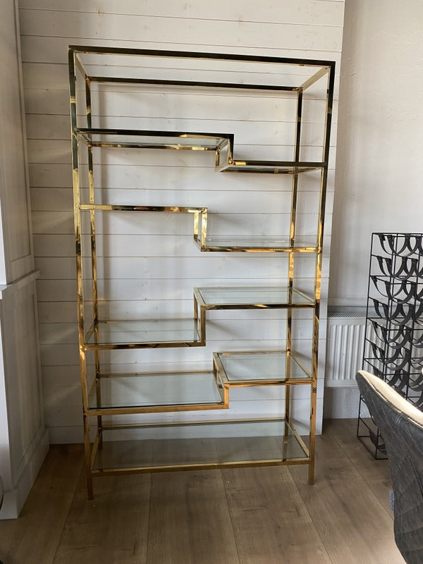 Metall-Regal Gold, Glas Regal Gold, Metall Bücherregal Gold, Maße 178 x 100 cm