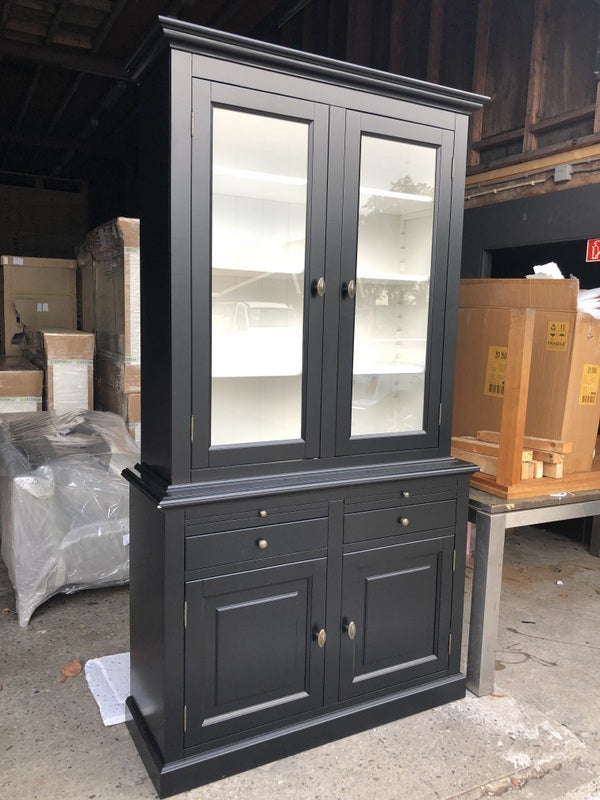 Vitrinenschrank schwarz, Geschirrschrank  schwarzLandhausstil, Vitrine Landhaus  schwarz, Breite 126 cm
