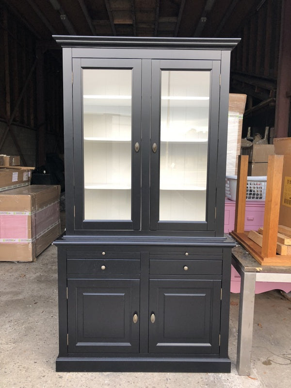 Vitrinenschrank schwarz, Geschirrschrank  schwarzLandhausstil, Vitrine Landhaus  schwarz, Breite 126 cm