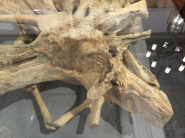 Couchtisch Wurzelholz, Tisch Massivholz und Glas, Länge 120 cm