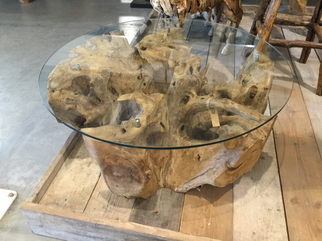 Couchtisch rund Wurzelholz, Tisch rund Massivholz und Glas, Durchmesser 130 cm