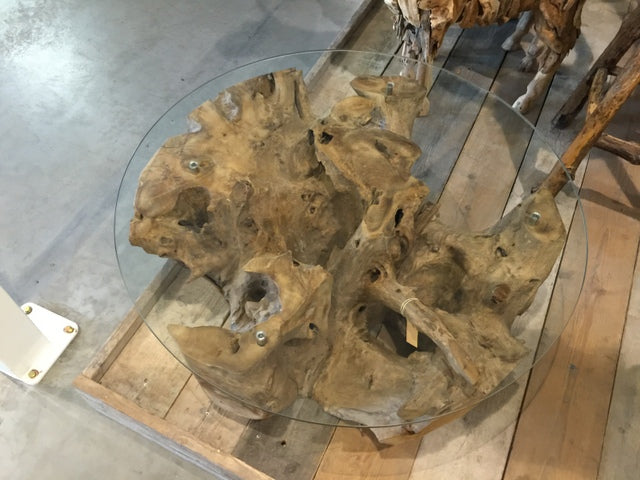 Couchtisch rund Wurzelholz, Tisch rund Massivholz und Glas, Durchmesser 130 cm