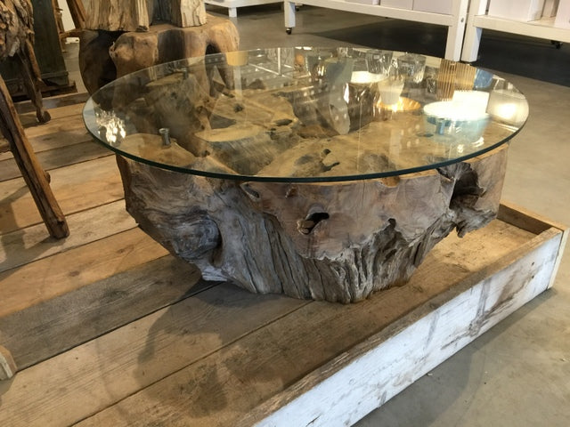 Couchtisch rund Wurzelholz, Tisch rund Massivholz und Glas, Durchmesser 130 cm