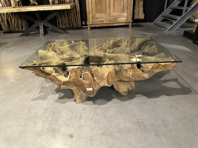 Couchtisch Wurzelholz mit Glasplatte, Naturholz Couchtisch, Breite 140 cm