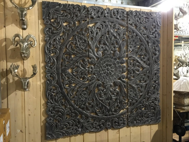 Wandpanel Ornament grau vintage, Wandbild Bild Ornament, Triptychon geschnitzt, Maße 180 x 180 cm