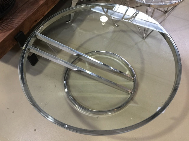 Couchtisch Silber Glas-Metall, Tisch verchromt aus Metall und Glas, Durchmesser 100 cm