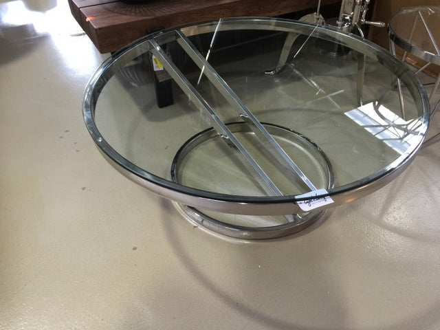 Couchtisch Silber Glas-Metall, Tisch verchromt aus Metall und Glas, Durchmesser 100 cm