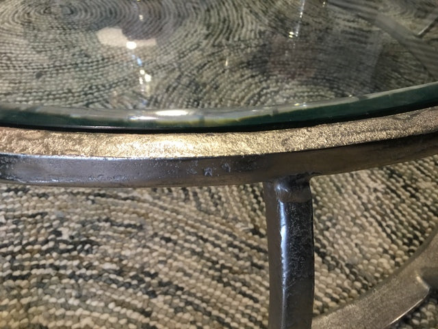 Couchtisch Silber Glas-Metall, Tisch Metall und Glas, Durchmesser 133 cm