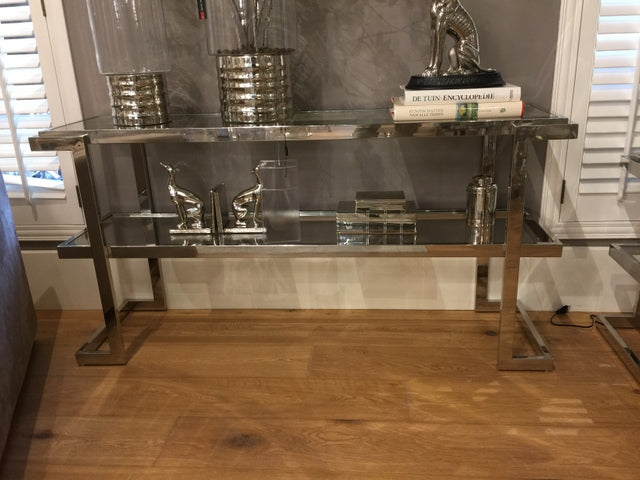Sideboard verchromt Glas Metall, Wandtisch Metall Glasplatte, Konsole Silber Metal, Breite 150 cm