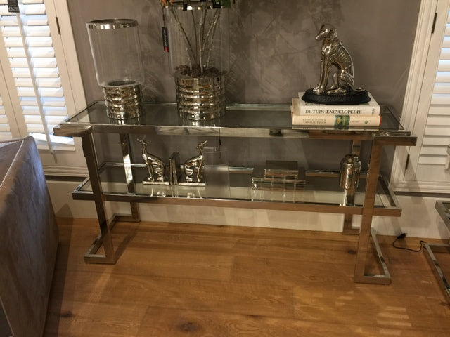 Sideboard verchromt Glas Metall, Wandtisch Metall Glasplatte, Konsole Silber Metal, Breite 150 cm