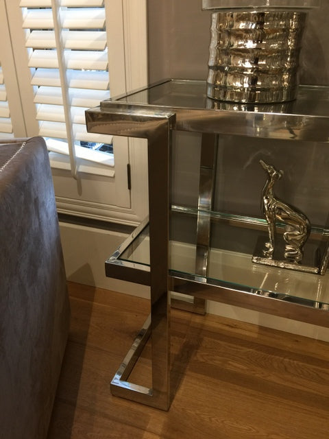 Sideboard verchromt Glas Metall, Wandtisch Metall Glasplatte, Konsole Silber Metal, Breite 150 cm