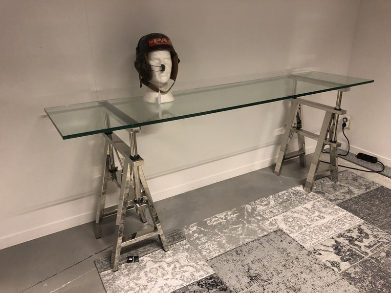 Konsole verchromt Glasplatte, Sideboard verchromt Metall und Glas, Wandtisch Silber mit Glas, Breite 200 cm