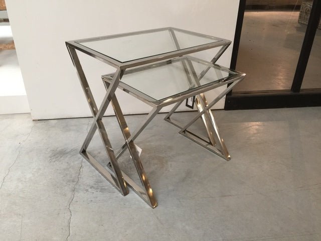 Beistelltisch Metall silber 2er Set, Beistelltisch Glas verchromt, Breite 50-60 cm