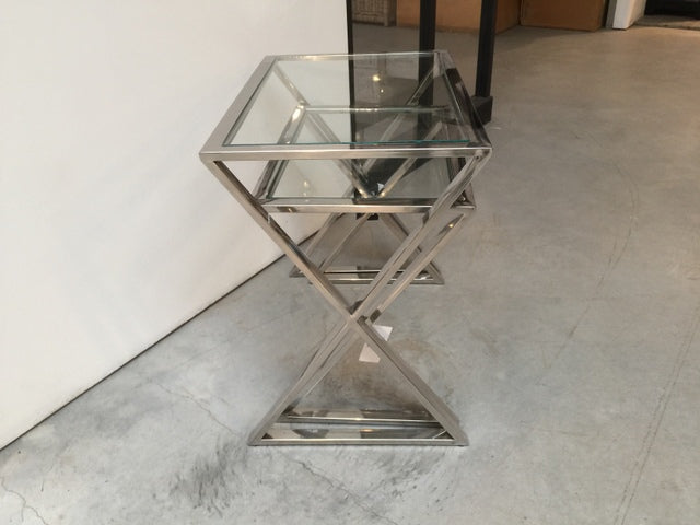 Beistelltisch Metall silber 2er Set, Beistelltisch Glas verchromt, Breite 50-60 cm