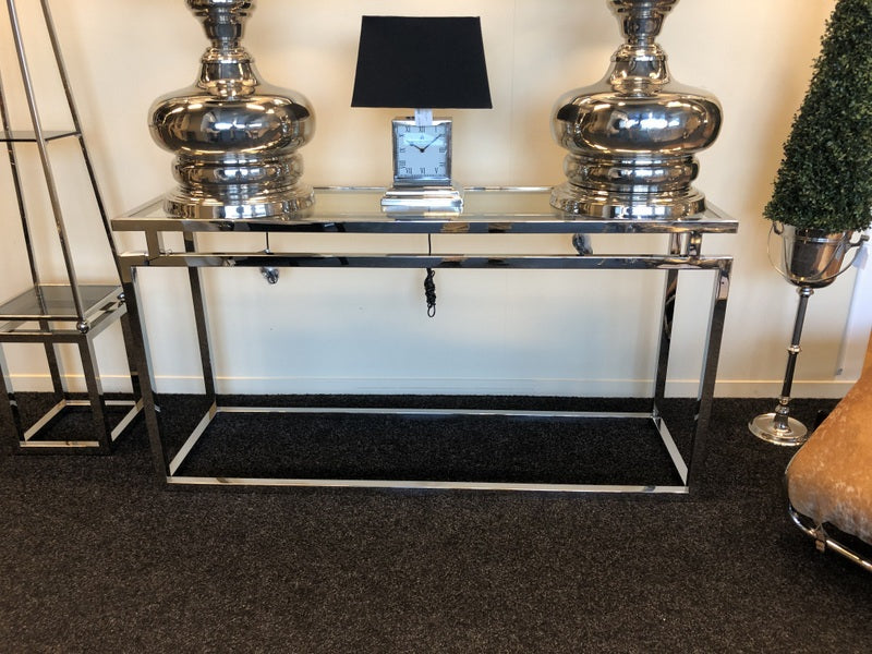 Konsole verchromt Glas-Metall, Sideboard mit Glasplatte, Wandtisch verchromt Glas, Maße 150 x 45 cm