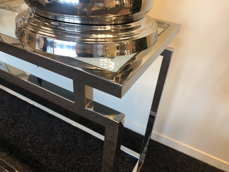Konsole verchromt Glas-Metall, Sideboard mit Glasplatte, Wandtisch verchromt Glas, Maße 150 x 45 cm