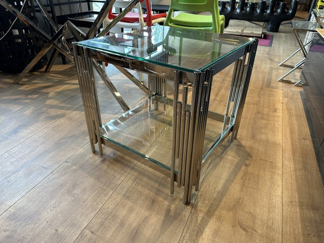 Beistelltisch Silber Glas, Glastisch Silber, Beistelltisch verchromt Glas, Maße 55x55 cm