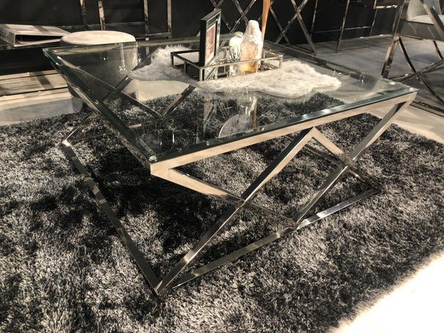 Couchtisch Silber,  Glas Couchtisch verchromt,  Maße 100 x 100 cm