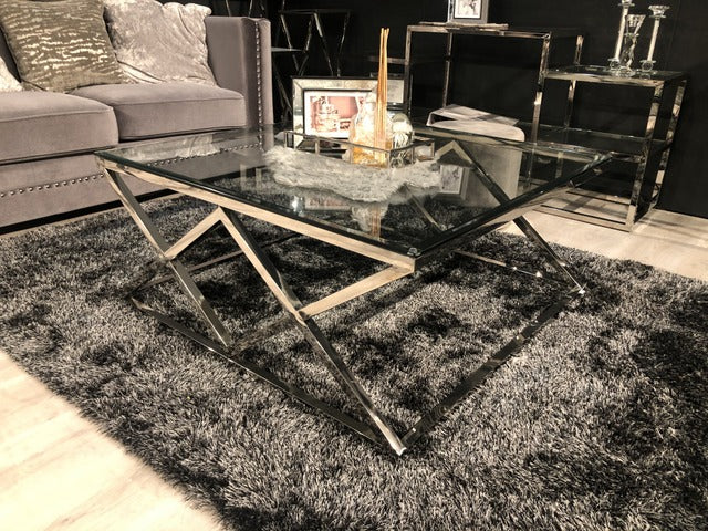 Couchtisch Silber,  Glas Couchtisch verchromt,  Maße 100 x 100 cm