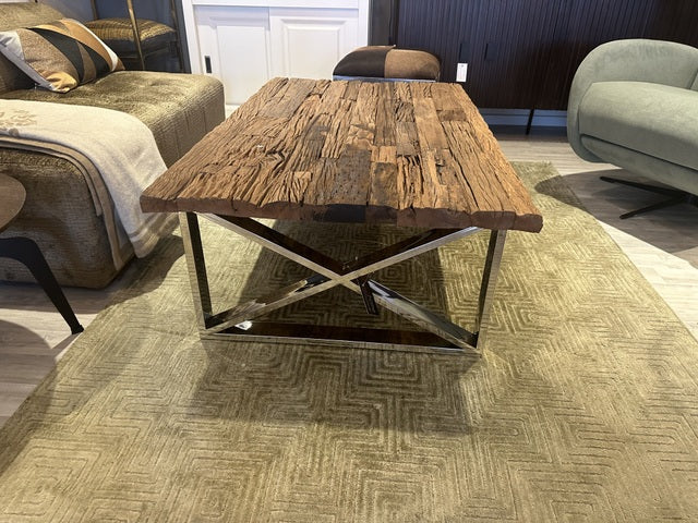 Couchtisch Metall-Holz, Couchtisch Altholz verchromt-Glas, Länge 130 cm