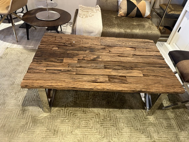 Couchtisch Metall-Holz, Couchtisch Altholz verchromt-Glas, Länge 130 cm