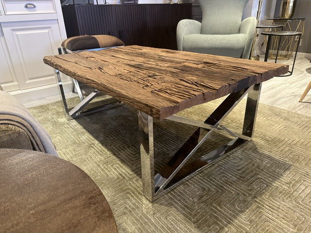 Couchtisch Metall-Holz, Couchtisch Altholz verchromt-Glas, Länge 130 cm