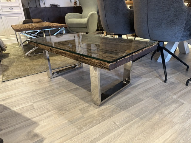 Couchtisch Glas-Metall-Holz, Couchtisch Altholz verchromt-Glas, Länge 110 cm