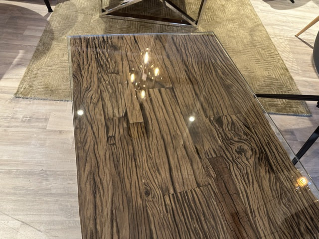 Couchtisch Glas-Metall-Holz, Couchtisch Altholz verchromt-Glas, Länge 110 cm