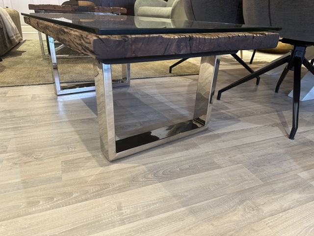 Couchtisch Glas-Metall-Holz, Couchtisch Altholz verchromt-Glas, Länge 110 cm