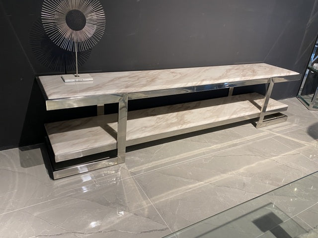 TV Regal Marmor Metall, Fernsehregal Silber, Fernsehschrank verchromtes Gestell, Breite 160 cm