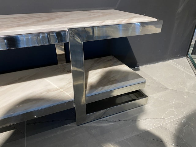 TV Regal Marmor Metall, Fernsehregal Silber, Fernsehschrank verchromtes Gestell, Breite 160 cm